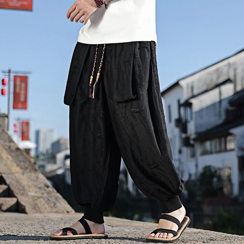 Buddha Stones Einfarbige Herrenhose aus Baumwolle mit weitem Bein und Lochdesign und Kordelzug und Taschen