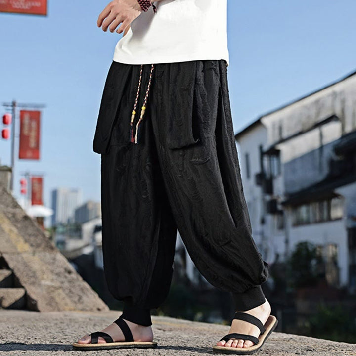 Buddha Stones Einfarbige Herrenhose aus Baumwolle mit weitem Bein und Lochdesign und Kordelzug und Taschen