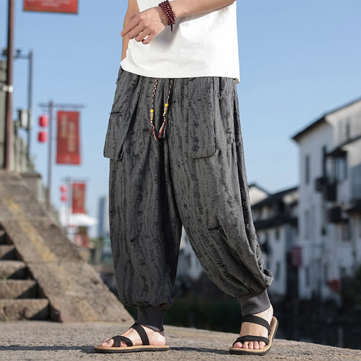 Buddha Stones Einfarbige Herrenhose aus Baumwolle mit weitem Bein und Lochdesign und Kordelzug und Taschen