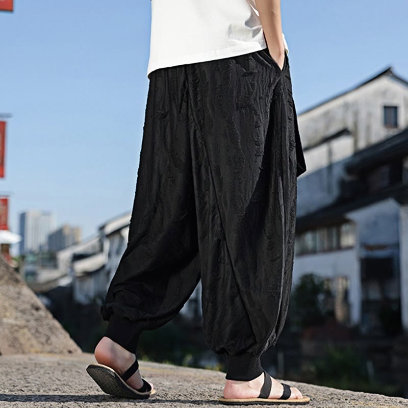 Buddha Stones Einfarbige Herrenhose aus Baumwolle mit weitem Bein und Lochdesign und Kordelzug und Taschen