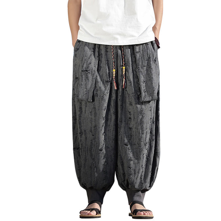 Buddha Stones Einfarbige Herrenhose aus Baumwolle mit weitem Bein und Lochdesign und Kordelzug und Taschen