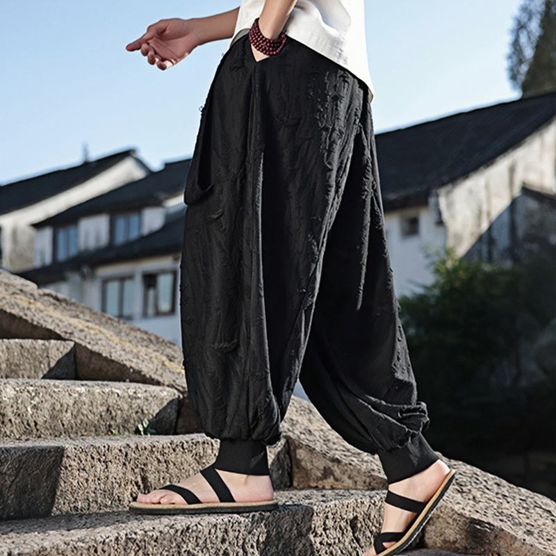 Buddha Stones Einfarbige Herrenhose aus Baumwolle mit weitem Bein und Lochdesign und Kordelzug und Taschen