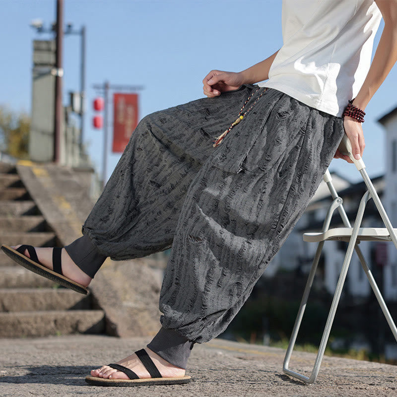 Buddha Stones Einfarbige Herrenhose aus Baumwolle mit weitem Bein und Lochdesign und Kordelzug und Taschen