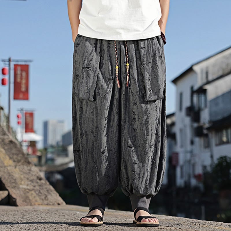 Buddha Stones Einfarbige Herrenhose aus Baumwolle mit weitem Bein und Lochdesign und Kordelzug und Taschen