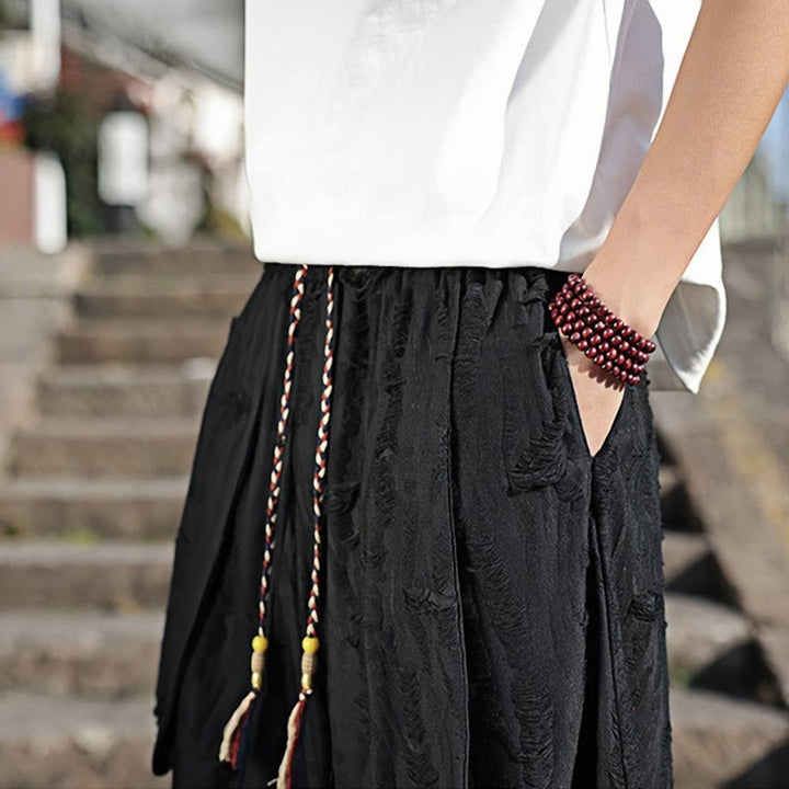Buddha Stones Einfarbige Herrenhose aus Baumwolle mit weitem Bein und Lochdesign und Kordelzug und Taschen