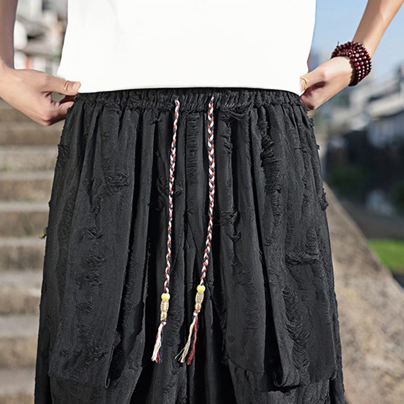 Buddha Stones Einfarbige Herrenhose aus Baumwolle mit weitem Bein und Lochdesign und Kordelzug und Taschen