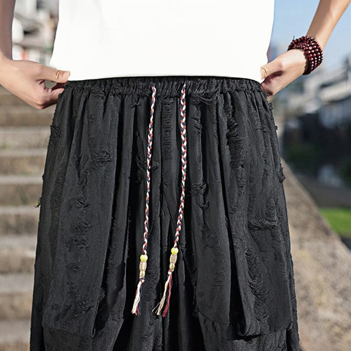 Buddha Stones Einfarbige Herrenhose aus Baumwolle mit weitem Bein und Lochdesign und Kordelzug und Taschen