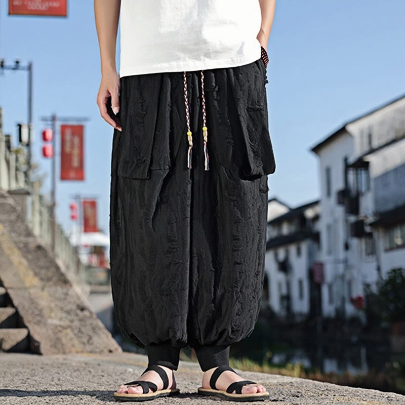 Buddha Stones Einfarbige Herrenhose aus Baumwolle mit weitem Bein und Lochdesign und Kordelzug und Taschen