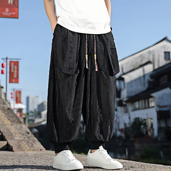 Buddha Stones Einfarbige Herrenhose aus Baumwolle mit weitem Bein und Lochdesign und Kordelzug und Taschen
