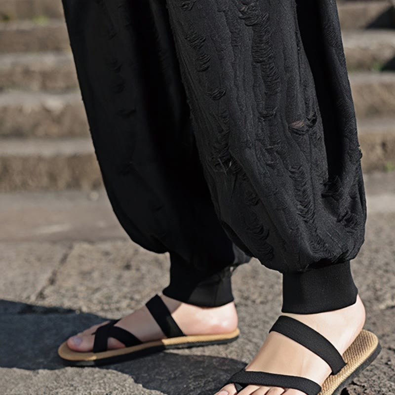 Buddha Stones Einfarbige Herrenhose aus Baumwolle mit weitem Bein und Lochdesign und Kordelzug und Taschen