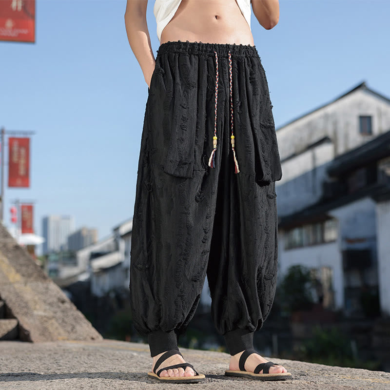 Buddha Stones Einfarbige Herrenhose aus Baumwolle mit weitem Bein und Lochdesign und Kordelzug und Taschen