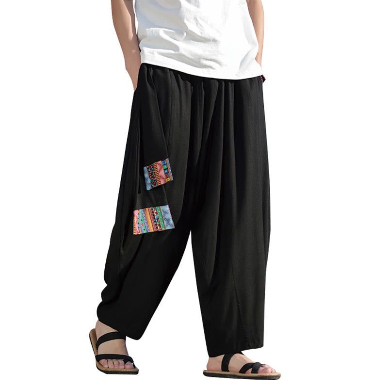 Buddha Stones Schlichtes Patchwork-Design, Kordelzug, Baumwolle, Herrenhose mit weitem Bein und Taschen
