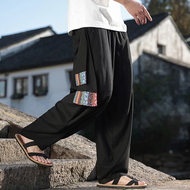 Buddha Stones Schlichtes Patchwork-Design, Kordelzug, Baumwolle, Herrenhose mit weitem Bein und Taschen