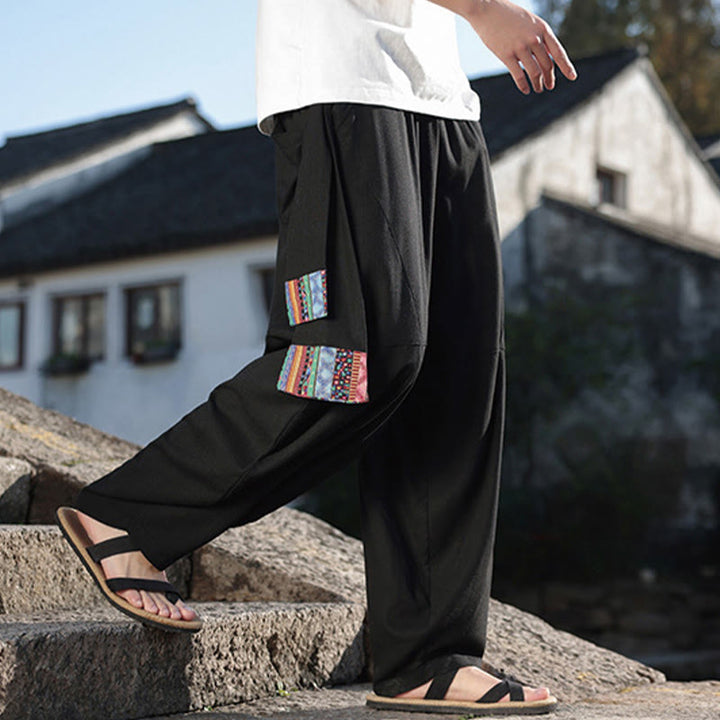 Buddha Stones Schlichtes Patchwork-Design, Kordelzug, Baumwolle, Herrenhose mit weitem Bein und Taschen