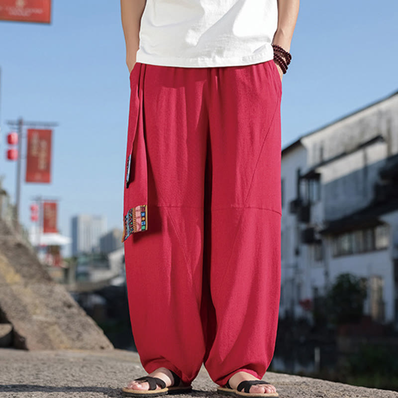 Buddha Stones Schlichtes Patchwork-Design, Kordelzug, Baumwolle, Herrenhose mit weitem Bein und Taschen
