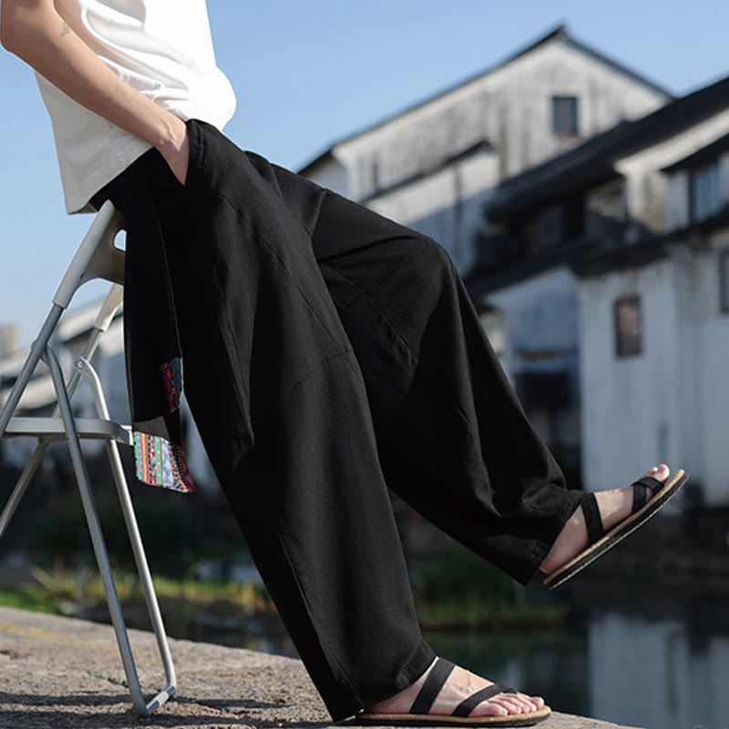 Buddha Stones Schlichtes Patchwork-Design, Kordelzug, Baumwolle, Herrenhose mit weitem Bein und Taschen