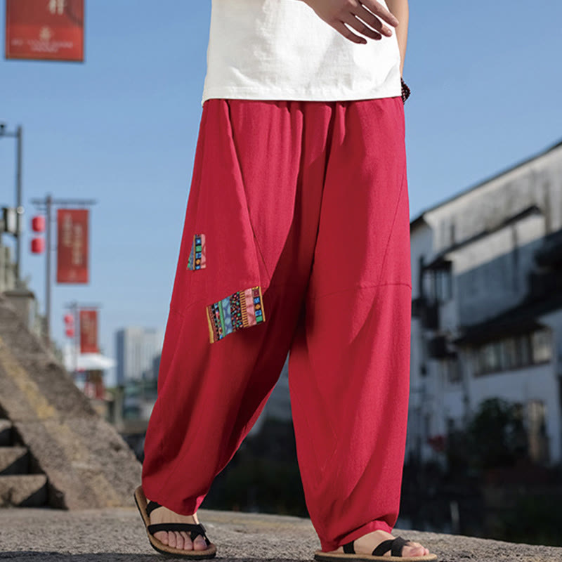 Buddha Stones Schlichtes Patchwork-Design, Kordelzug, Baumwolle, Herrenhose mit weitem Bein und Taschen