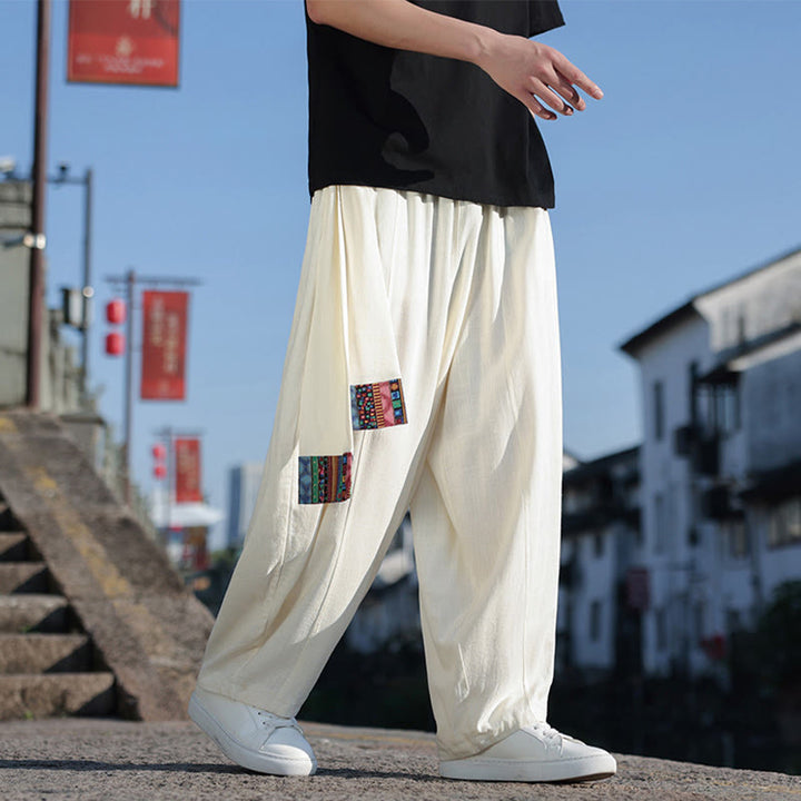 Buddha Stones Schlichtes Patchwork-Design, Kordelzug, Baumwolle, Herrenhose mit weitem Bein und Taschen