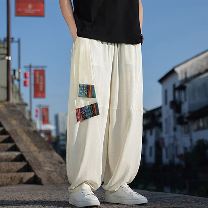 Buddha Stones Schlichtes Patchwork-Design, Kordelzug, Baumwolle, Herrenhose mit weitem Bein und Taschen