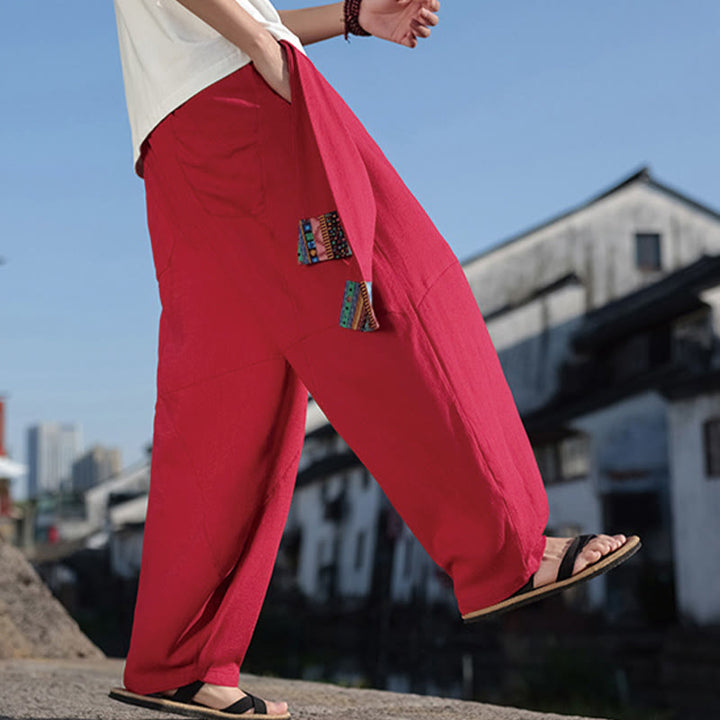 Buddha Stones Schlichtes Patchwork-Design, Kordelzug, Baumwolle, Herrenhose mit weitem Bein und Taschen