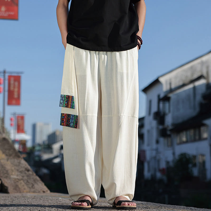 Buddha Stones Schlichtes Patchwork-Design, Kordelzug, Baumwolle, Herrenhose mit weitem Bein und Taschen