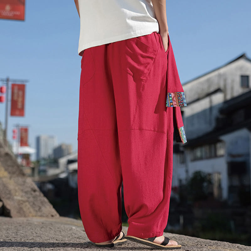 Buddha Stones Schlichtes Patchwork-Design, Kordelzug, Baumwolle, Herrenhose mit weitem Bein und Taschen