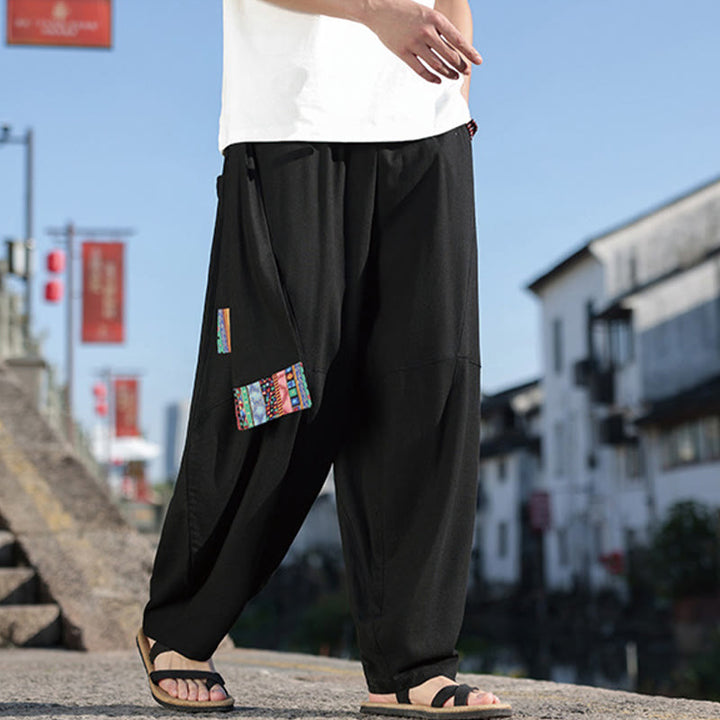 Buddha Stones Schlichtes Patchwork-Design, Kordelzug, Baumwolle, Herrenhose mit weitem Bein und Taschen
