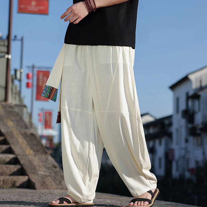 Buddha Stones Schlichtes Patchwork-Design, Kordelzug, Baumwolle, Herrenhose mit weitem Bein und Taschen