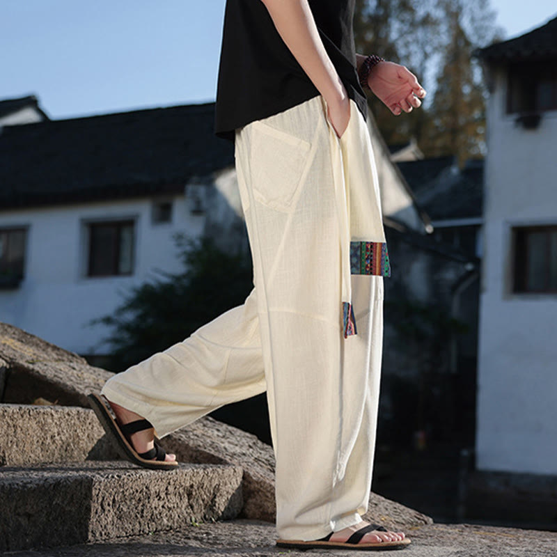 Buddha Stones Schlichtes Patchwork-Design, Kordelzug, Baumwolle, Herrenhose mit weitem Bein und Taschen