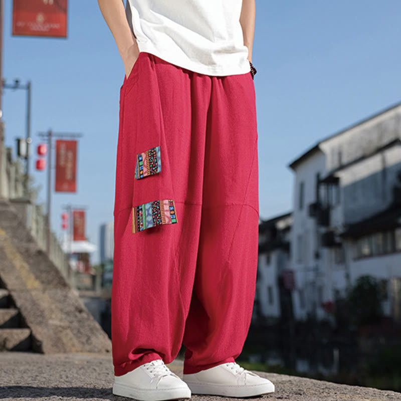 Buddha Stones Schlichtes Patchwork-Design, Kordelzug, Baumwolle, Herrenhose mit weitem Bein und Taschen