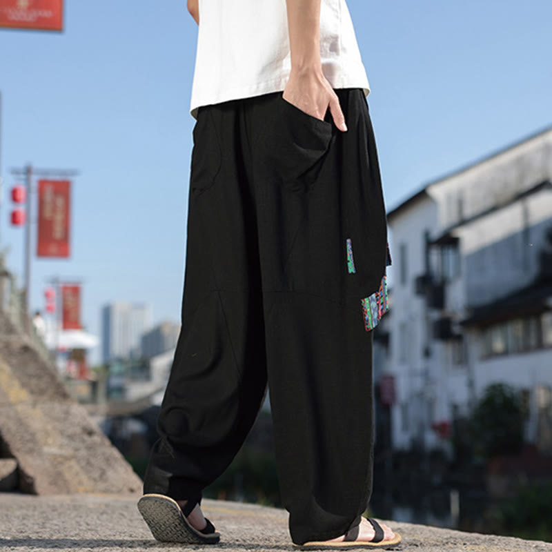 Buddha Stones Schlichtes Patchwork-Design, Kordelzug, Baumwolle, Herrenhose mit weitem Bein und Taschen - image 3