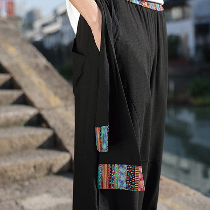 Buddha Stones Schlichtes Patchwork-Design, Kordelzug, Baumwolle, Herrenhose mit weitem Bein und Taschen