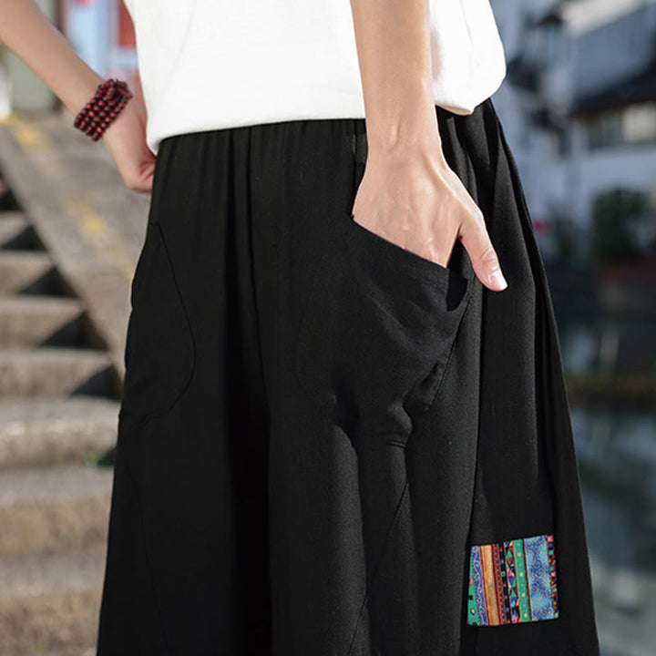 Buddha Stones Schlichtes Patchwork-Design, Kordelzug, Baumwolle, Herrenhose mit weitem Bein und Taschen