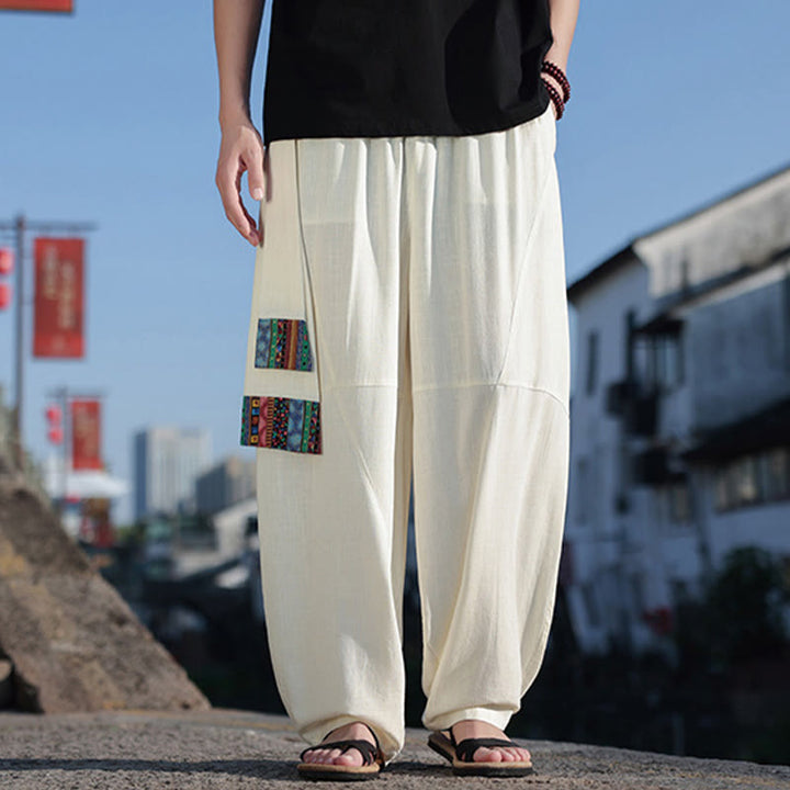 Buddha Stones Schlichtes Patchwork-Design, Kordelzug, Baumwolle, Herrenhose mit weitem Bein und Taschen