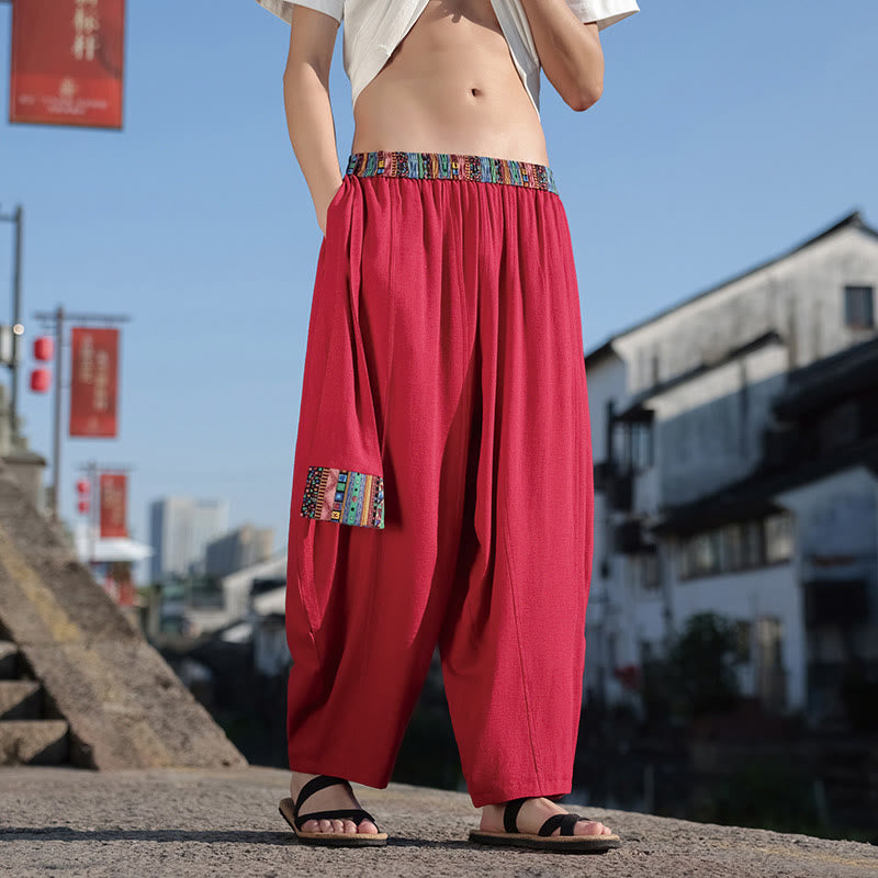 Buddha Stones Schlichtes Patchwork-Design, Kordelzug, Baumwolle, Herrenhose mit weitem Bein und Taschen