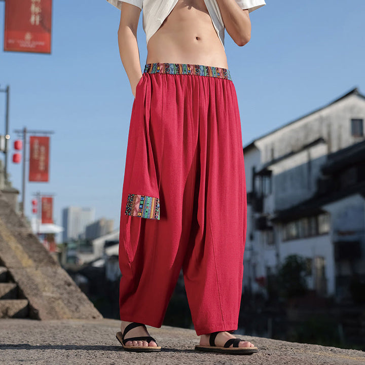 Buddha Stones Schlichtes Patchwork-Design, Kordelzug, Baumwolle, Herrenhose mit weitem Bein und Taschen
