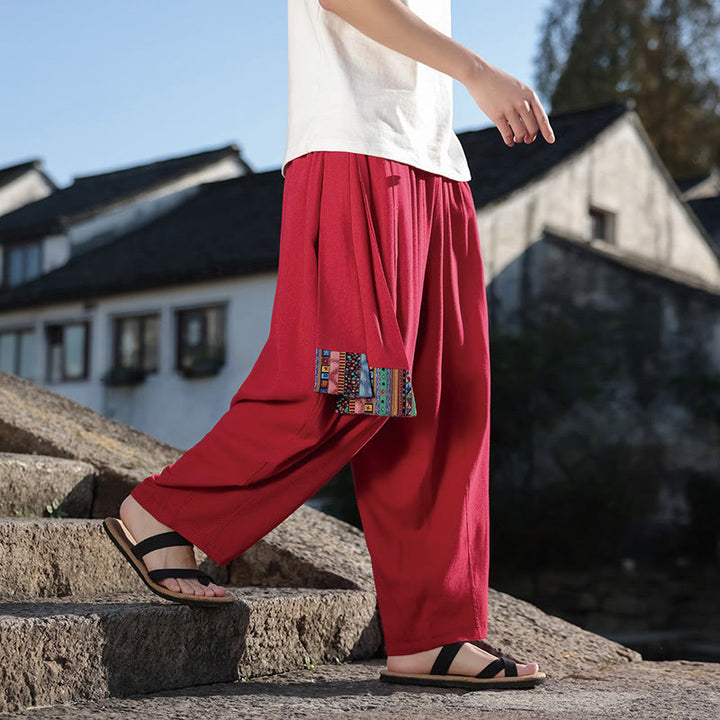 Buddha Stones Schlichtes Patchwork-Design, Kordelzug, Baumwolle, Herrenhose mit weitem Bein und Taschen