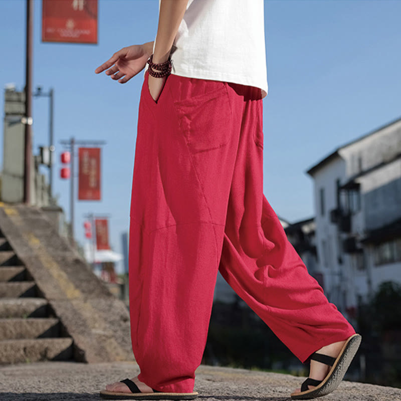 Buddha Stones Schlichtes Patchwork-Design, Kordelzug, Baumwolle, Herrenhose mit weitem Bein und Taschen