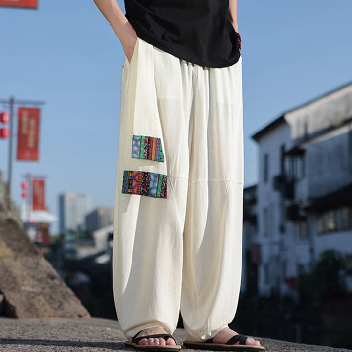 Buddha Stones Schlichtes Patchwork-Design, Kordelzug, Baumwolle, Herrenhose mit weitem Bein und Taschen