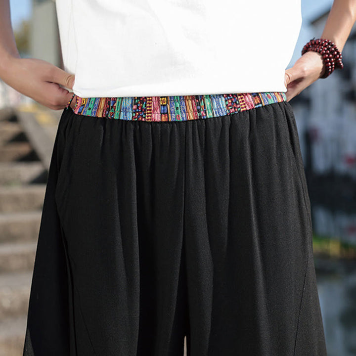 Buddha Stones Schlichtes Patchwork-Design, Kordelzug, Baumwolle, Herrenhose mit weitem Bein und Taschen
