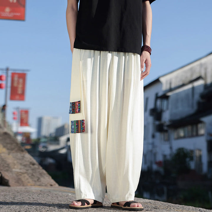 Buddha Stones Schlichtes Patchwork-Design, Kordelzug, Baumwolle, Herrenhose mit weitem Bein und Taschen