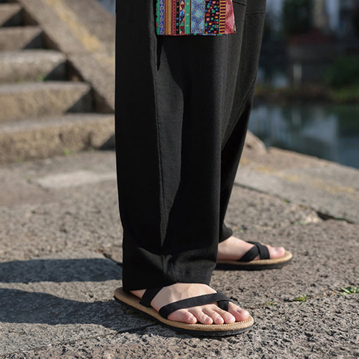 Buddha Stones Schlichtes Patchwork-Design, Kordelzug, Baumwolle, Herrenhose mit weitem Bein und Taschen
