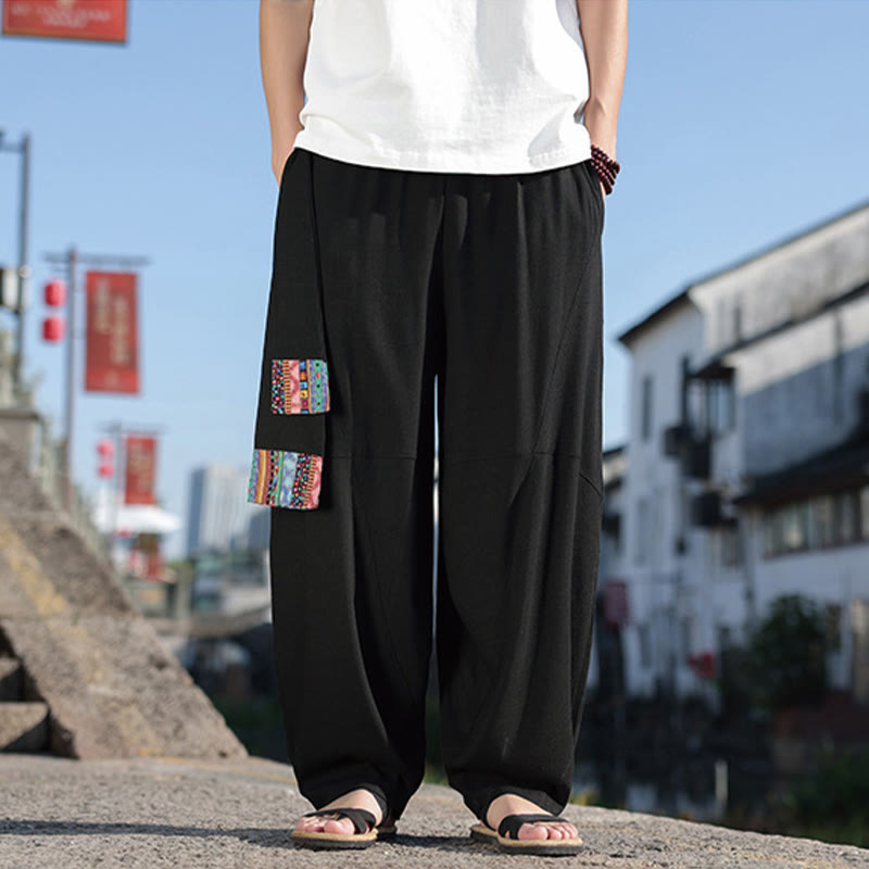Buddha Stones Schlichtes Patchwork-Design, Kordelzug, Baumwolle, Herrenhose mit weitem Bein und Taschen