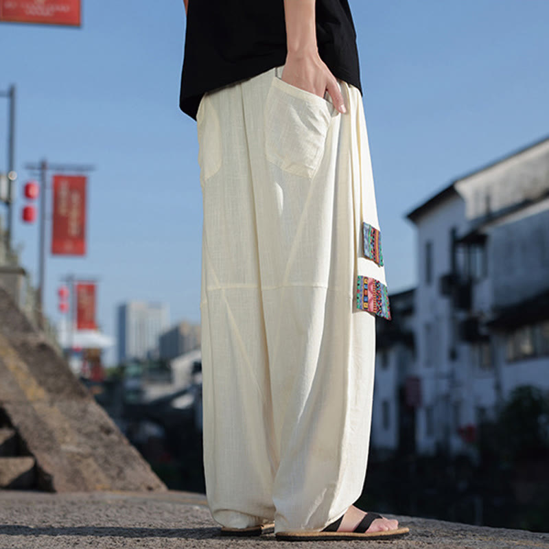 Buddha Stones Schlichtes Patchwork-Design, Kordelzug, Baumwolle, Herrenhose mit weitem Bein und Taschen