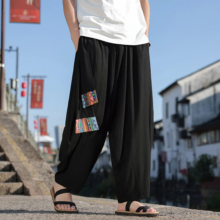 Buddha Stones Schlichtes Patchwork-Design, Kordelzug, Baumwolle, Herrenhose mit weitem Bein und Taschen