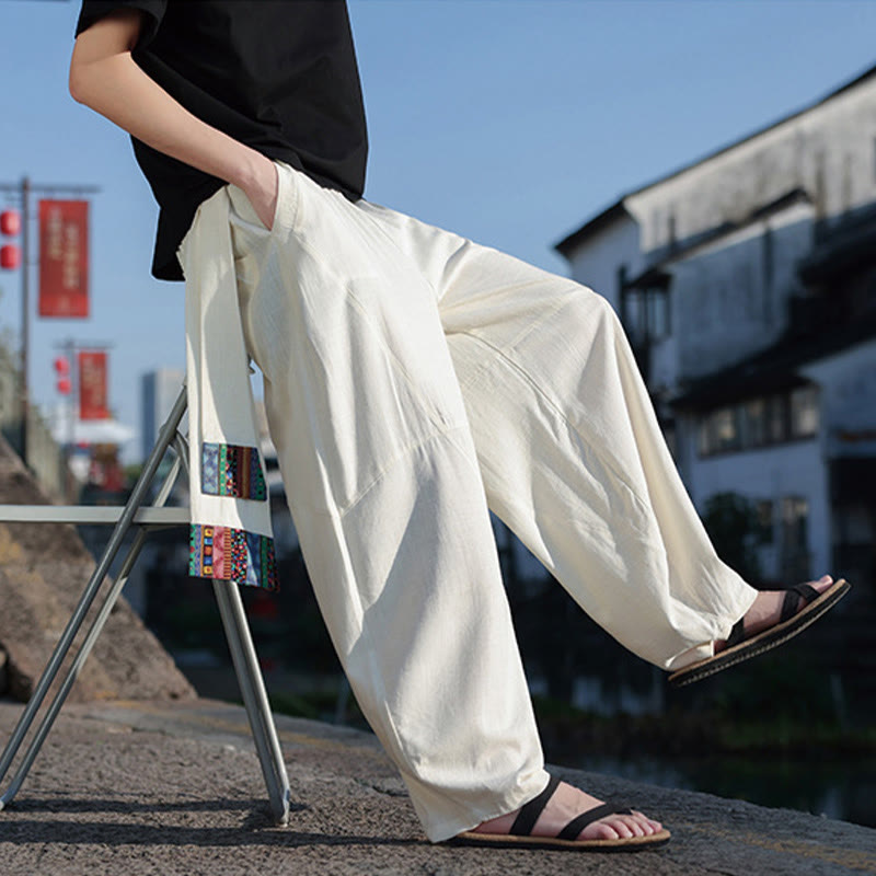 Buddha Stones Schlichtes Patchwork-Design, Kordelzug, Baumwolle, Herrenhose mit weitem Bein und Taschen