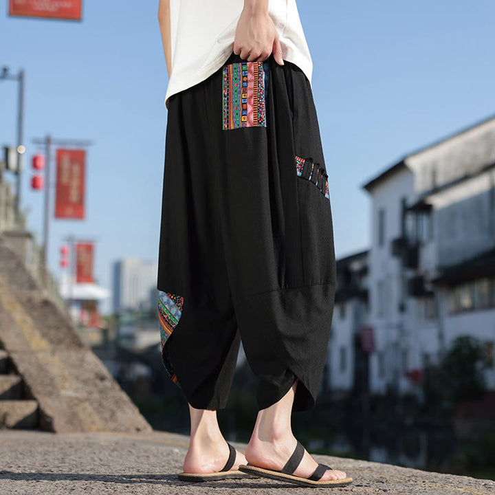 Buddha Stones Bohemian Patchwork Muster Baumwolle Kordelzug Herrenhose mit weitem Bein und Taschen
