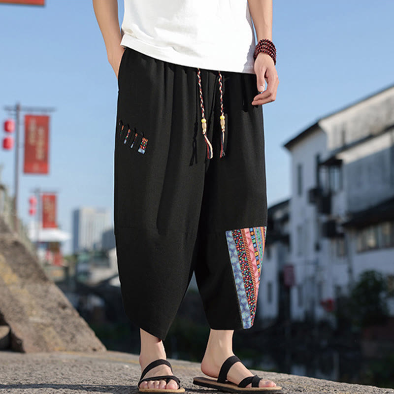 Buddha Stones Bohemian Patchwork Muster Baumwolle Kordelzug Herrenhose mit weitem Bein und Taschen