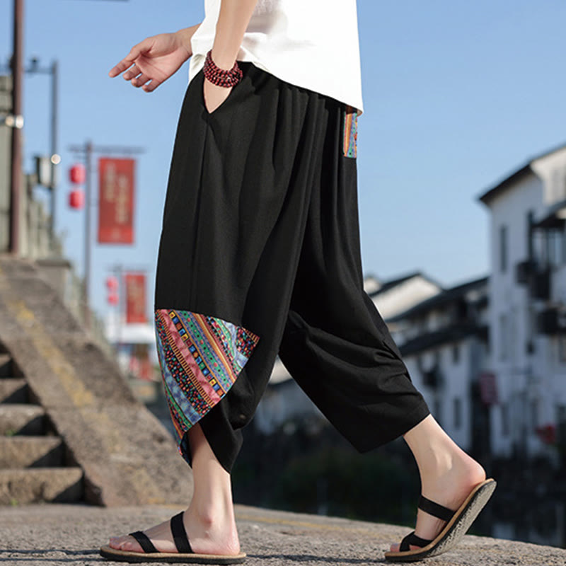 Buddha Stones Bohemian Patchwork Muster Baumwolle Kordelzug Herrenhose mit weitem Bein und Taschen