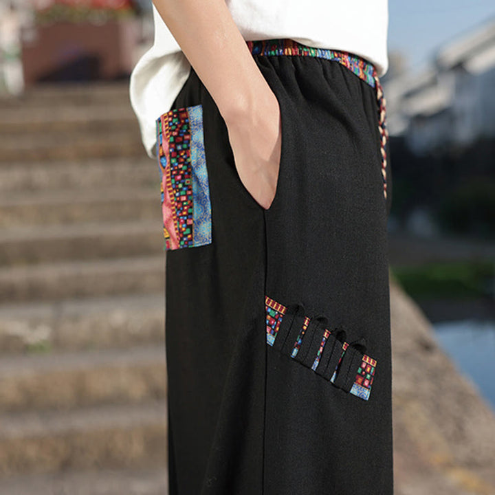 Buddha Stones Bohemian Patchwork Muster Baumwolle Kordelzug Herrenhose mit weitem Bein und Taschen